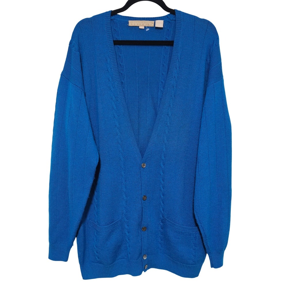 Perry Ellis Mens L Cardigan Blue Lambswool Cashmere Blend Cable Knit Academia